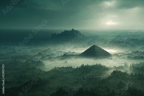 Sunrise over the misty mountains. Fantasy Backdrop. Concept Art. Realistic Illustration.Serious Painting. Video Game Background. Digital Painting. Book Illustration