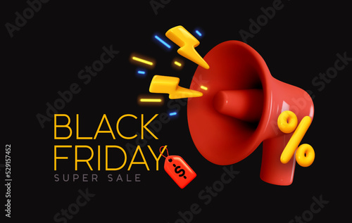 Black Friday super sale. Promo background with realistic 3d cartoon style elements, red megaphone, loudspeaker with lightning, percent symbols. Promotion banner, web poster. vector illustratio photo