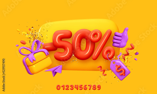 50% Black Friday super sale. Christmas and New Year discounts. Promo background realistic 3d cartoon style elements, percent symbols. Promotion banner, web poster. Numbers for discounts from 0 to 9.