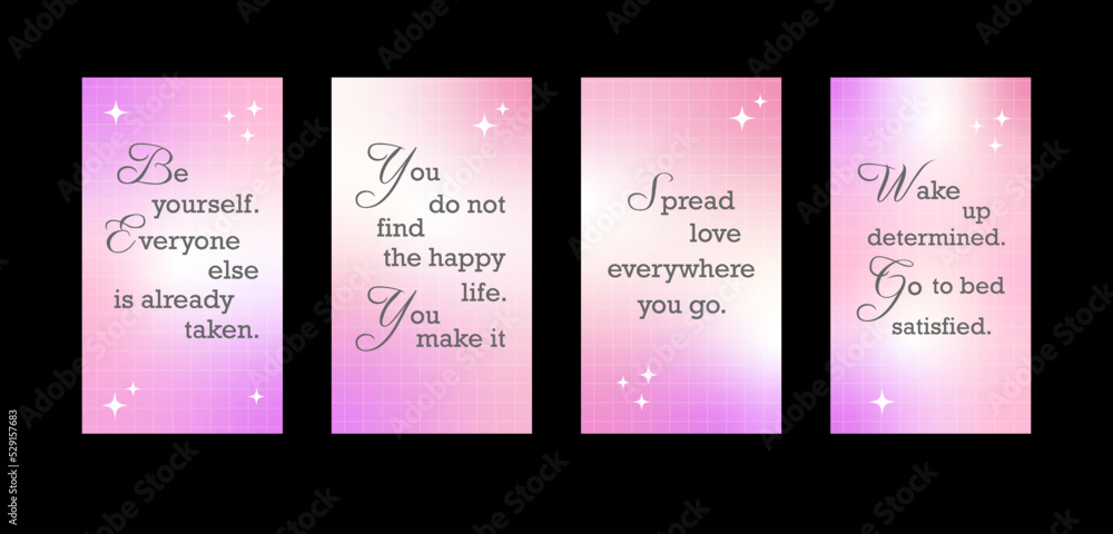 Gradient inspirational quotes social media stories set. Instagram stories frame templates in retro y2k style. Motivational words for blog.
