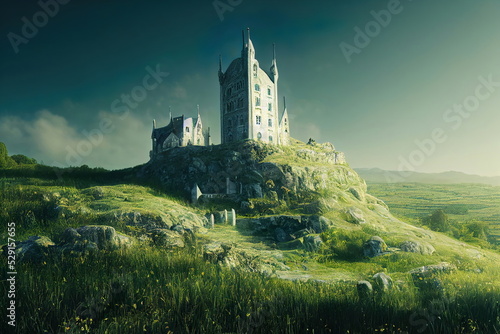 Old white castle in the mountains, green hills, blue sky, Fantasy Backdrop. Concept Art. Realistic Illustration.Serious Painting. Video Game Background. Digital Painting. CG Artwork. 