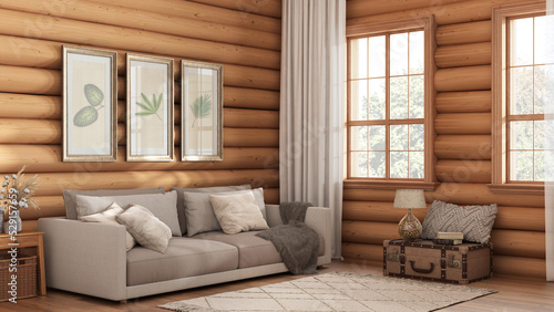 Wooden farmhouse log cabin in white and beige tones. Fabric sofa, carpet and windows. Vintage architecture, rustic interior design © ArchiVIZ