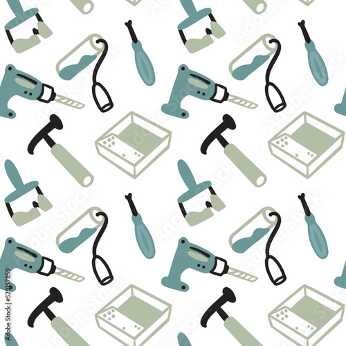 Seamless pattern about renovation. Repair, paint roller, drill, hammer. Vector doodle cute flat cartoon style.
