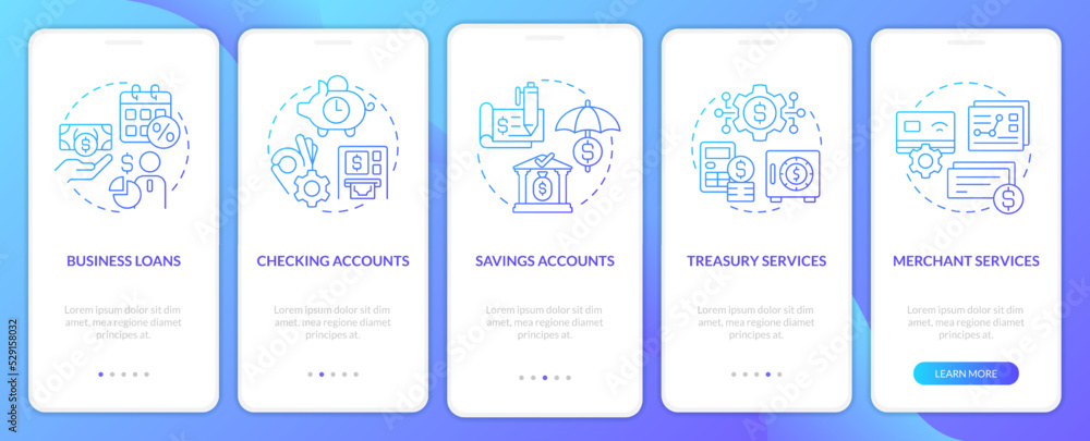 Business banking blue gradient onboarding mobile app screen. Commerce walkthrough 5 steps graphic instructions with linear concepts. UI, UX, GUI template. Myriad Pro-Bold, Regular fonts used