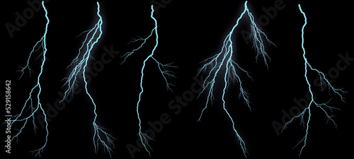 Set of different lightning bolts isolated on black background