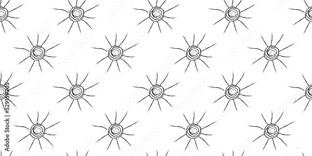 Doodle cosmic seamless pattern in childish style. Hand drawn abstract sun. Black and white.