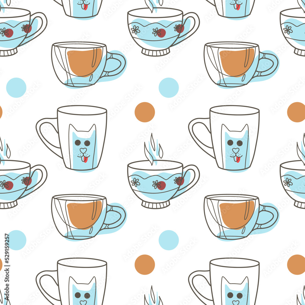 vector seamless pattern on the fun cups for tea and coffee