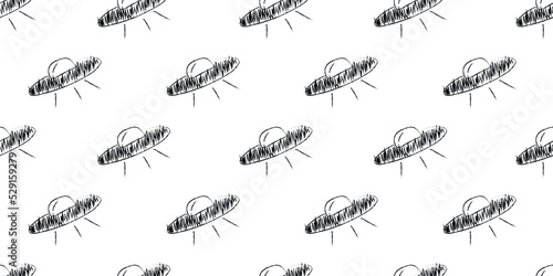 Doodle space seamless pattern in childish style. Hand drawn abstract ufo. Black and white.