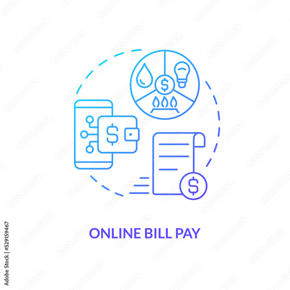 Online bill pay blue gradient concept icon. Mobile savings account. Digitization of banking system abstract idea thin line illustration. Isolated outline drawing. Myriad Pro-Bold font used Online bill pay blue gradient concept icon. Mobile savings account. Digitization of banking system abstract idea thin line illustration. Isolated outline drawing. Myriad Pro-Bold font used