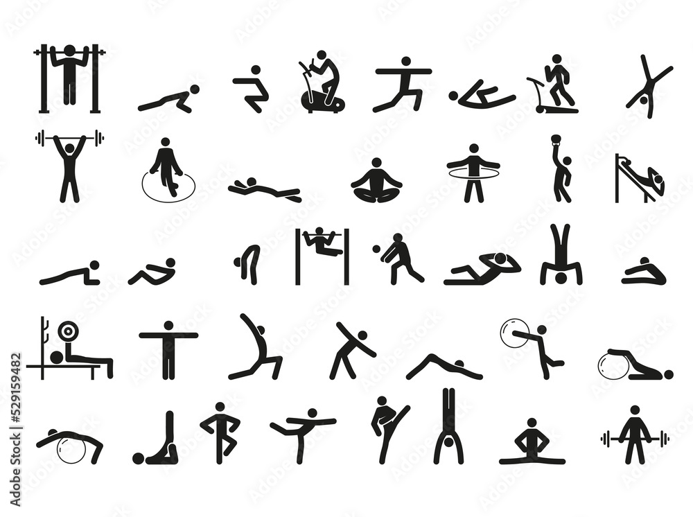 Human sport black minimalist icon set vector illustration. Healthy lifestyle and vitality people