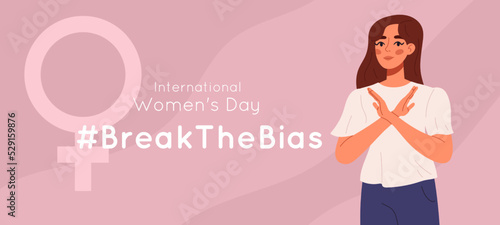 Break the bias banner. Women's international day. Crossed arms to support gender equality. Flat vector illustration isolated on white background