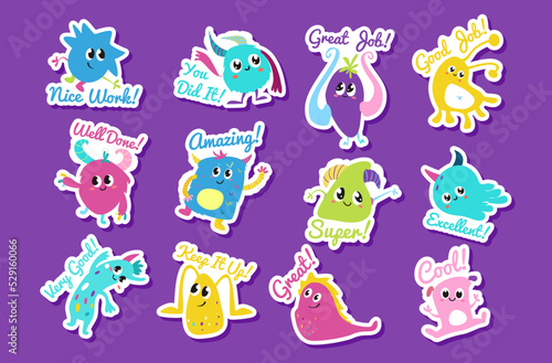 Funny monsters rewards smileys motivational phrase stickers set vector illustration