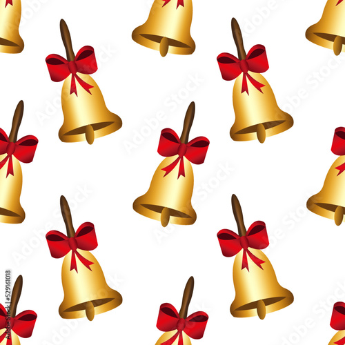 Set of christmas golden bell with red ribbon on white background. Vector illustration with golden bell pattern. First call concept. Time to go to school.