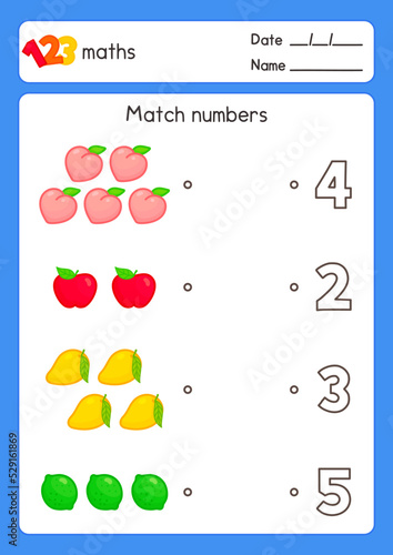 Draw a line matching the number and picture about fruits and count in maths subject exercises sheet kawaii doodle vector cartoon