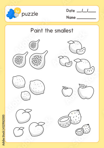 black and white coloring fruits outline about smallest size in maths subject exercises sheet kawaii doodle vector cartoon