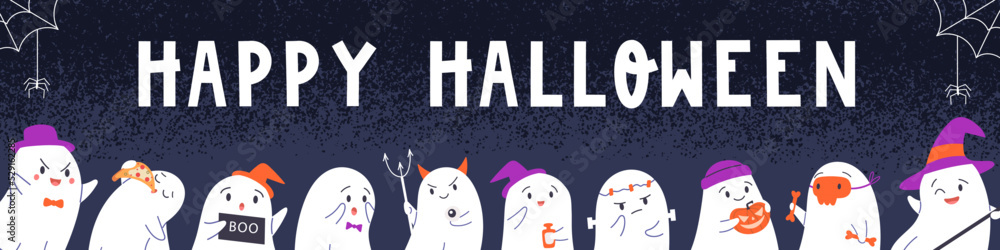 Fototapeta premium Happy Halloween banner with childish ghost characters. Helloween night party background with web, bats for spooky creepy funny October holiday. Flat vector illustration