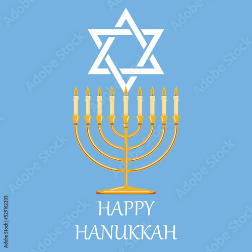 Happy Hanukka poster with traditional Jewish Menorah candle and star of David.  Vector template for greeting card, banner, invitation, flyer, etc.
