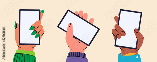 Set of hand holding smart phone with white screen. Smartphones with a blank screen. Hands touching, scrolling smartphone screens, using applications.