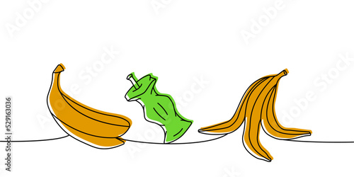 Set of organic trash one line colored continuous drawing. Peel of banana, apple stub continuous one line colorful set illustration.
