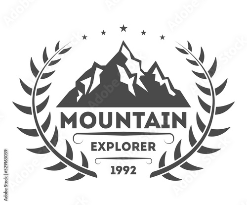 Mountain explorer vintage isolated label vector illustration. Mountain expeditions icon. Wild life concept. Adventure outdoor resort and hiking logo. Mountain logo vector template
