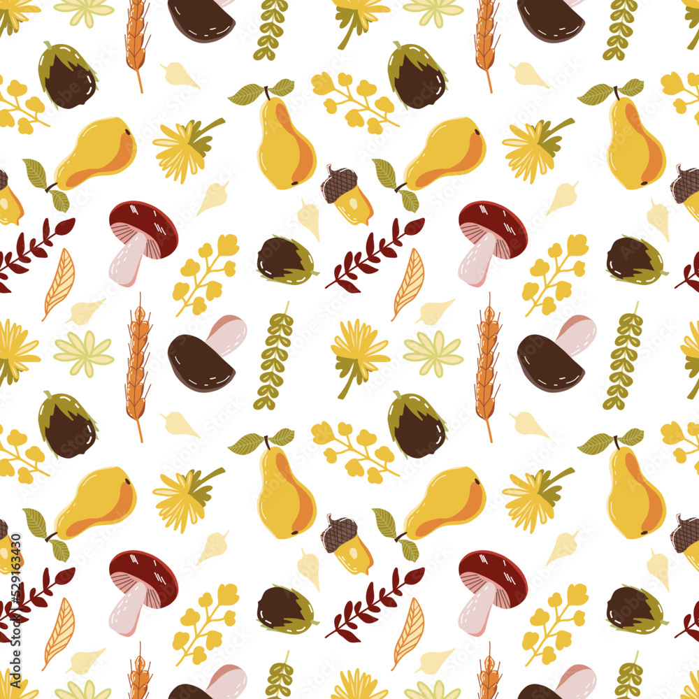 Thanksgiving day seamless pattern with fall leaves, vines, pumpkin pies, berries, fruits and mushrooms. Background in warm autumn ocher colors. Thanksgiving day seamless pattern with fall leaves, vines, pumpkin pies, berries, fruits and mushrooms. Background in warm autumn ocher colors.
