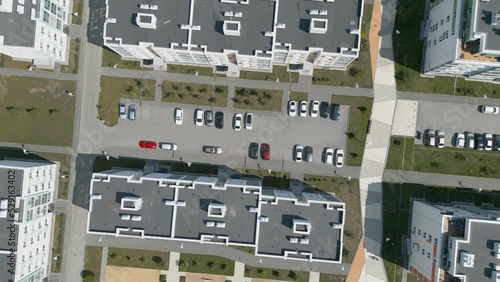 View of the new residential areas of the city from a drone. Apartment buildings and urban infrastructure