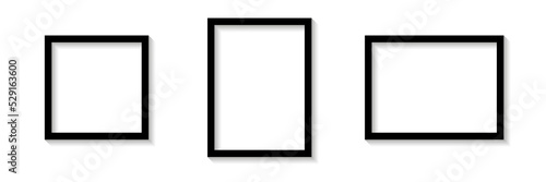 Black empty photo or picture frames shades isolated on white background. Vector illustration. Wall decor. Rectangle and square vertical and horizontal photo frame