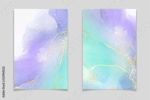 Violet cyan blue liquid watercolor background with golden glitter. Teal mauve purple marble alcohol ink drawing effect. Vector illustration design template for wedding invitation, menu, rsvp