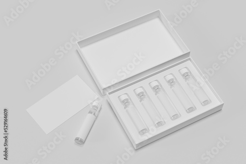 3D rendering of a fragrance sample box mockup with space for design