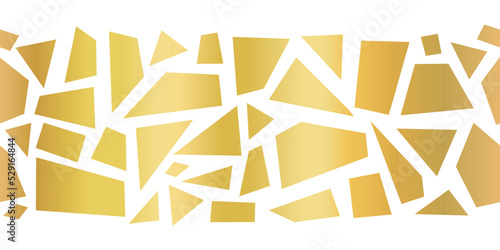 Golden seamless abstract shapes vector border illustration. Playful repeating elegant gold foil fragments pattern horizontal geometric mosaic style. Metallic trim, footer, header, divider, decor.