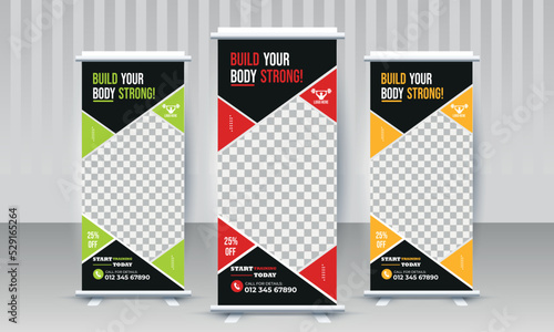 Build your body strong Fitness gym business standee rollup banner design with three color variant red orange green vector template