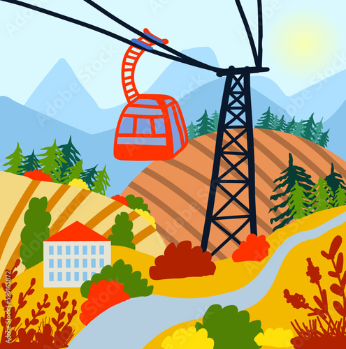 Resort with red gondola lift, mountain chalet, autumn landscape.Travel poster, vintage banner. illustration autumn landscape with a funicular. Hand drawing flat vector illustration. Square composition