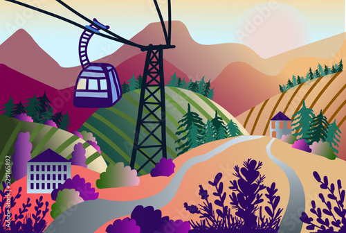 Sunset at the Resort with a gondola lift, mountain chalet, summer landscape. Tourist poster, vintage banner. illustration of landscape with funicular. Hand drawing of a flat vector illustration.Print