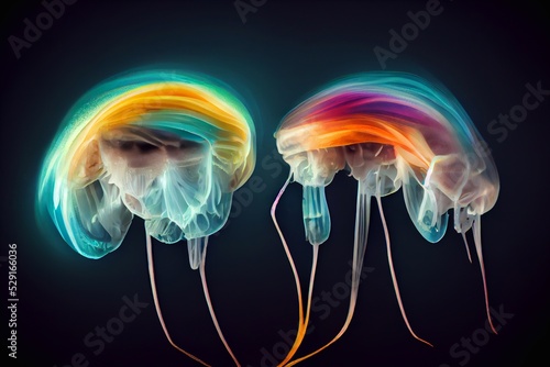 rainbow bioluminescent jellyfish on black background