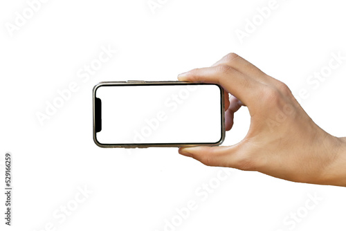 Man holding mobile phone in hand in watching position - PNG with transparent background file