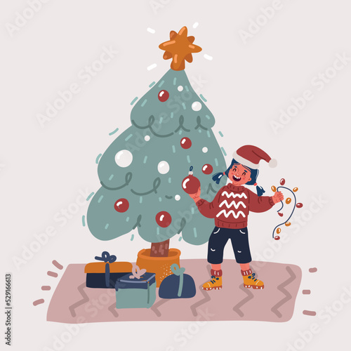 Vector illustration of girl have fun on new years eve. Happy new year holiday and merry christmas girl decorating christmass tree. Gift boxes and couch
