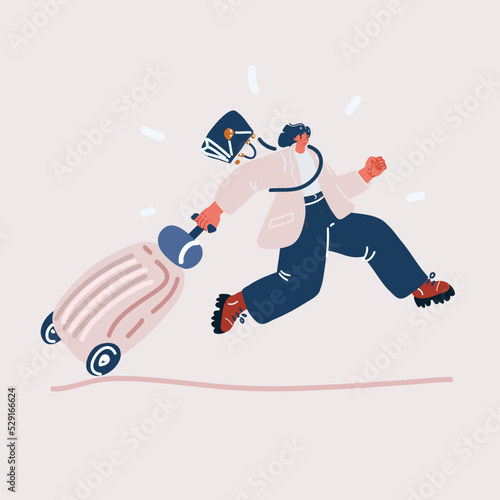 Vector illustration of cheerful charming woman go on vacation hold baggage run to airport