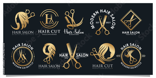 Set bundle hair salon logo design with golden gradient color concept Premium Vector 1