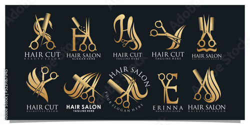 Set bundle hair salon logo design with golden gradient color concept Premium Vector 2