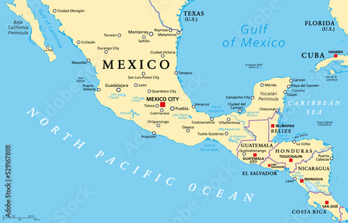 Mesoamerica  political map. Historical region and cultural area in southern North America and most of Central America  from Mexico to Costa Rica. Within this region pre Columbian societies flourished.
