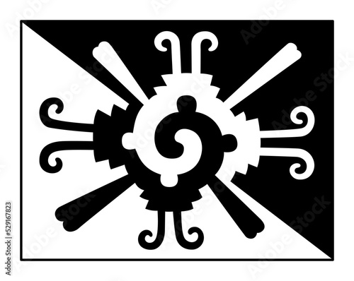 Mantle of spider water, Aztec symbol and rectangular design, used for a ritual cloak, known as Mantle of Lip Plugs. Mistakenly considered as symbol of Hunab Ku, that should refer to the Christian God.
