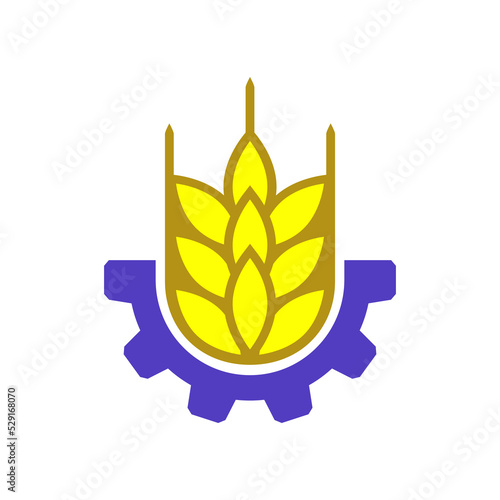 Gold wheat logo design with gear. Vector illustration and emblem on white background. Isolated drawing.