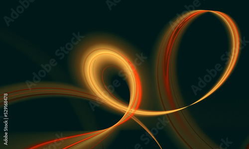 Ornamental 3d curls, loops and swirls in orange light. Minimal digital decorative artwork over dark space. Great as cover print for electronics, skin, conceptual design element, background.