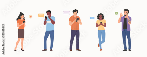 Different young women and men look into the smartphone. People stand full body. Flat style cartoon vector illustration.