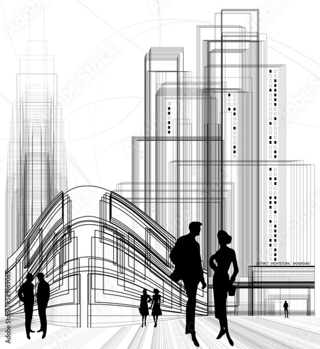 abstract pattern of rectangles and lines. cityscape. people silhouettes