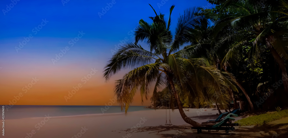 The banner of Summer  sunset with palm trees background as texture frame image background
