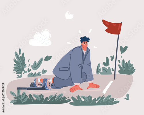 A businessman on a track ready to run