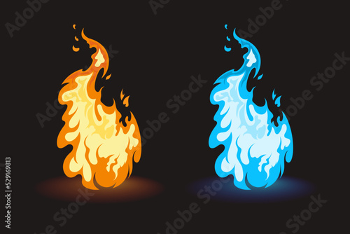 Cartoon fire. Hot and frozen flame. 2d flash art. Video game UI elements. Frost and blaze fireball
