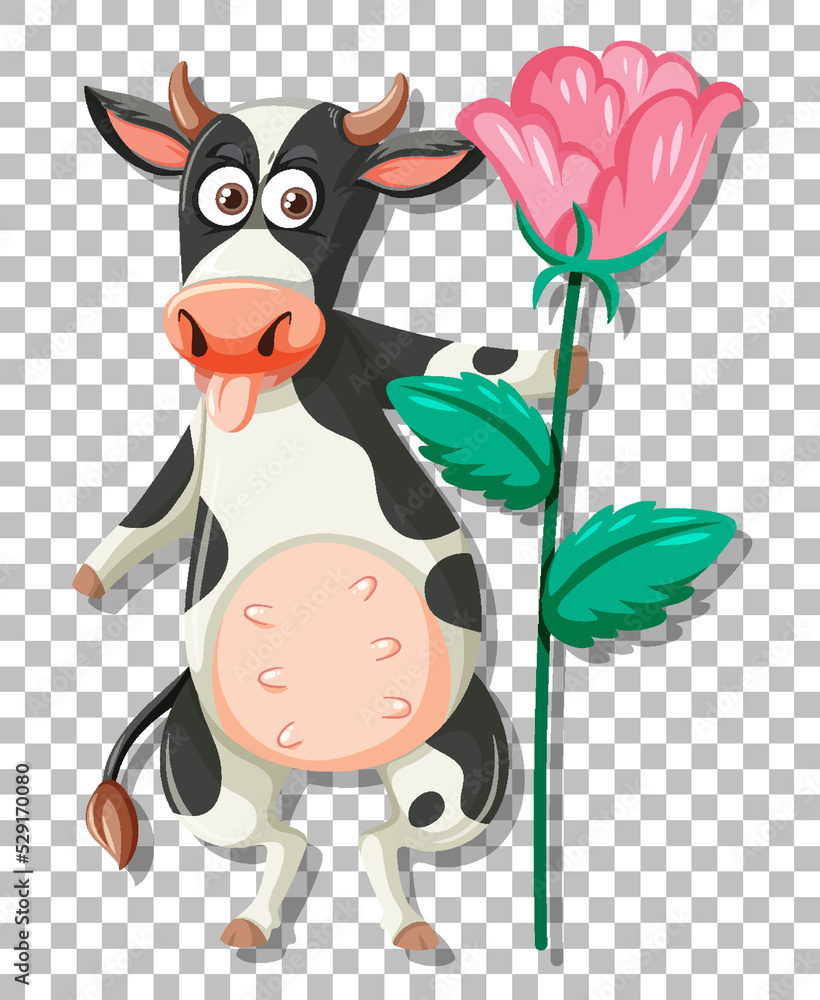 Naklejka premium A cow holding pink flower