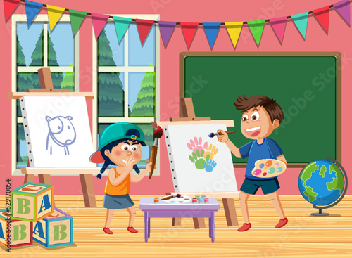 Art classroom with happy students